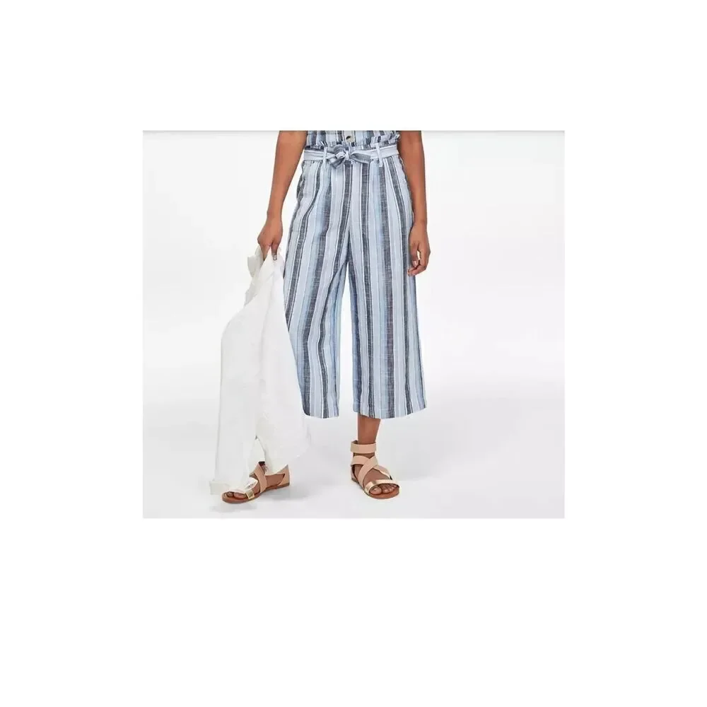 Justice Girl's Wide Leg Linen Belted Pants Blue White Gray Stripes Sz 8
